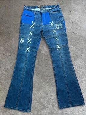 Blue Patchwork Flare Jeans with Embroidered Accents
